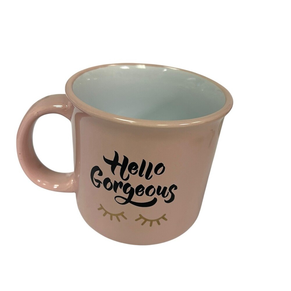Hello Gorgeous Coffee Mug Pink Eyelashes Black & Gold Script